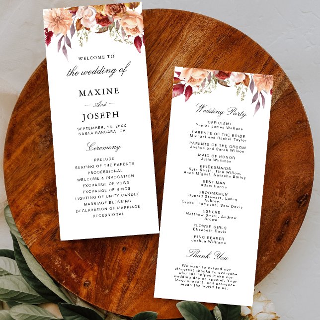 Programme Mariage Floral Aquarelle Rouge Bourgogne (Personalized burgundy floral wedding program elegantly guides guests through your ceremony.)