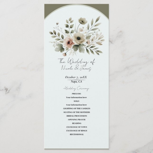 Programme Mariage floral aquarelle vert olive kaki (Devant)