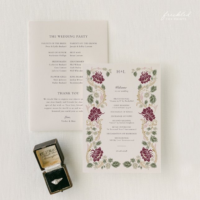 Programme Mariage Floral Art Nouveau Bourgogne (Burgundy Floral Art Nouveau Wedding Program)