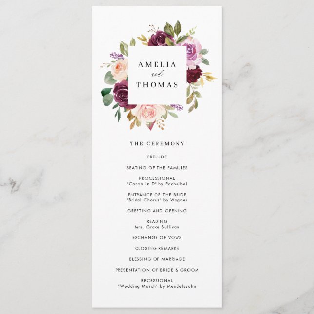 Programme Mariage floral automnal aquarelle en bordeaux et r (Devant)