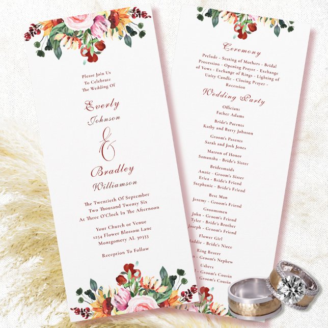 Programme Mariage Floral Automnal Jaune Vert Rouille Aquarel (Créateur téléchargé)