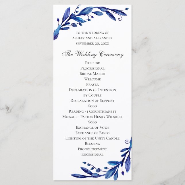 Programme Mariage floral bleu aquarelle. Botanique marine (Devant)