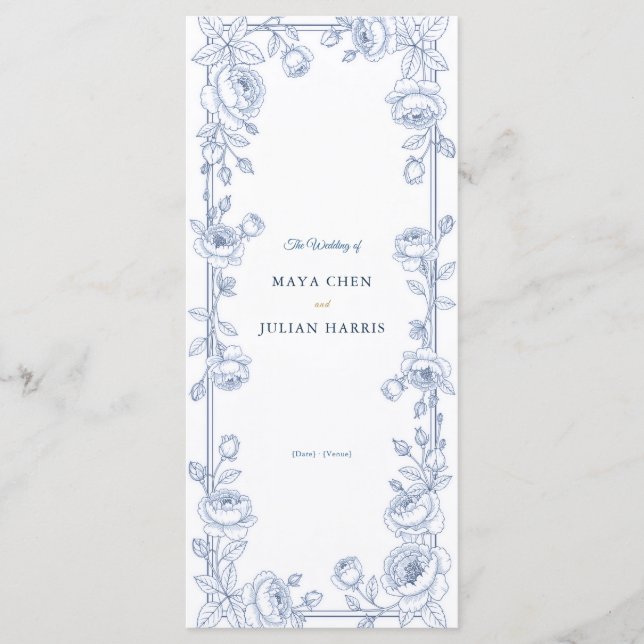 Programme Mariage floral bleu et blanc élégant de chinoiseri (Devant)
