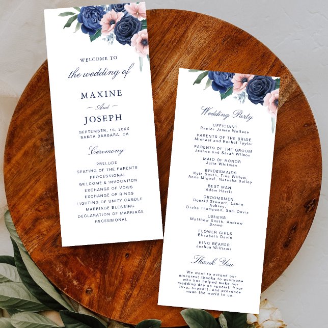Programme Mariage floral bleu marine et blush (Navy blue and blush floral wedding program guides guests with elegant style.)