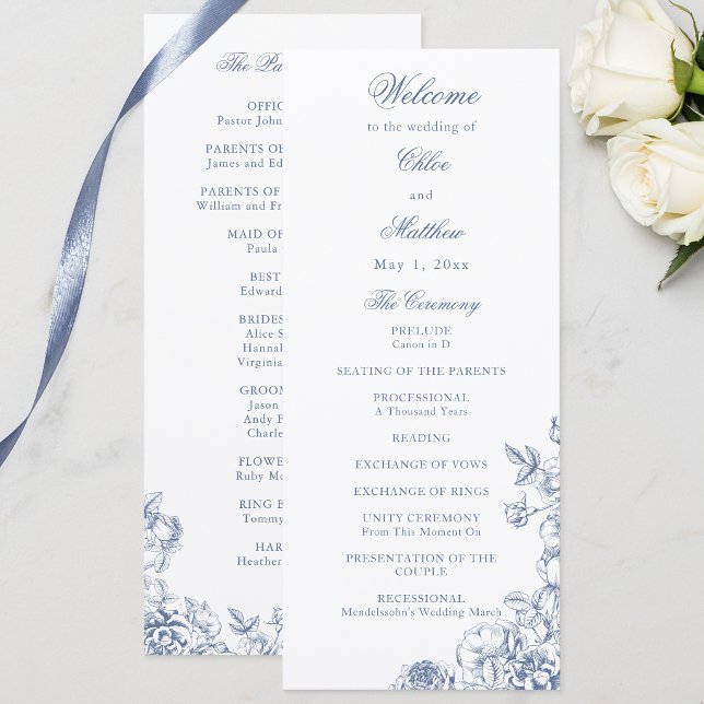 Programme Mariage Floral Bleu Poussiéreux Élégant Classique (Créateur téléchargé)