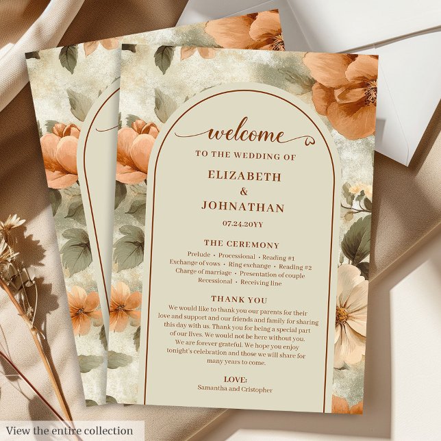 Programme Mariage Floral Bohème Romantique Ivoire Olive Sage (Romantic Boho Rust Ivory Olive Floral Wedding Program)