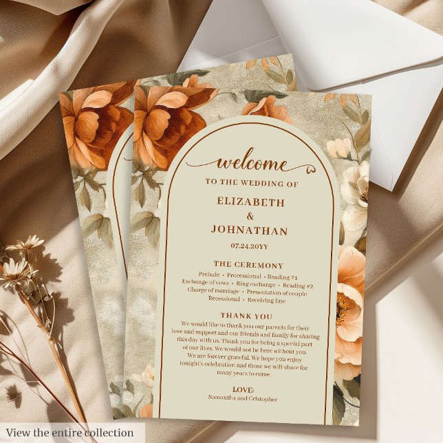 Programme Mariage Floral Bohème Tendance Orange Brûlé Ivoire (Trendy Boho Burnt Orange Ivory Sage Floral Wedding Program

)