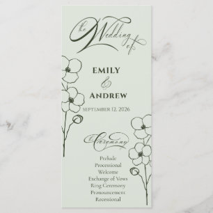 Programme Mariage Floral Botanique Dessiné à la Main Vert Sa