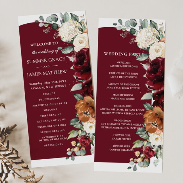 Programme Mariage Floral Bourgogne Ivoire Orange Brûlé Rusti (Créateur téléchargé)