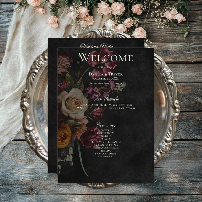 Programme Mariage floral d'automne élégant foncé (Dark Elegant Autumn Floral Wedding Program)