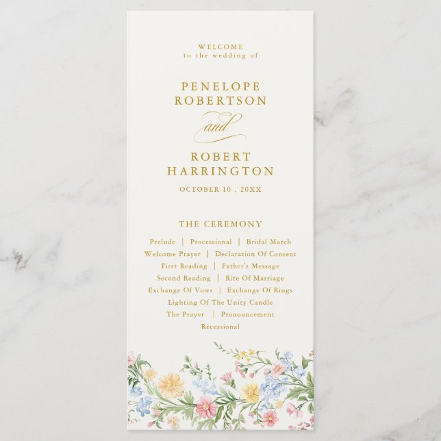 Programme Mariage Floral Doré Orné au Pastel Doux (Devant)