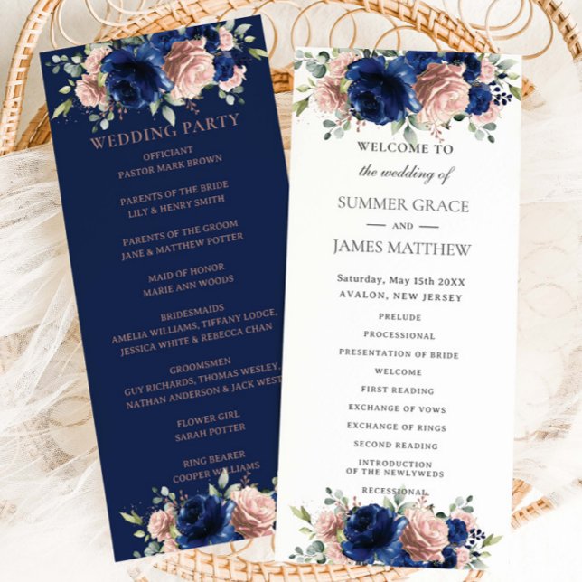 Programme Mariage Floral Élégant Bleu Nuit Or Rose (Créateur téléchargé)