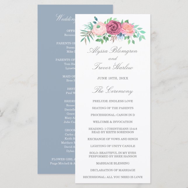 Programme Mariage Floral Élégant Bleu Poussiéreux Rose (Devant / Derrière)
