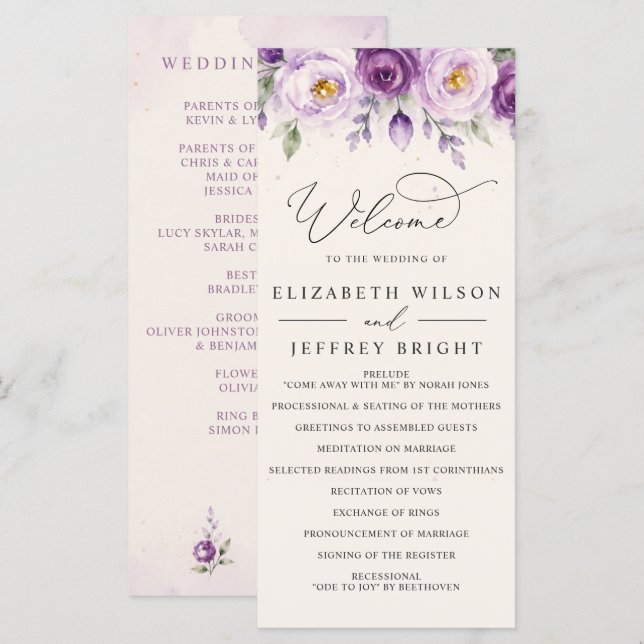 Programme Mariage floral élégant botanique lavande violet (Devant / Derrière)