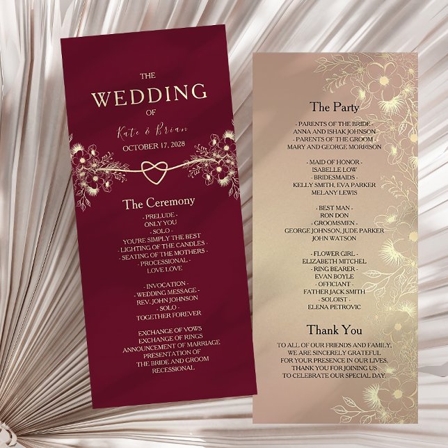 Programme Mariage Floral Élégant Bourgogne Or (Créateur téléchargé)