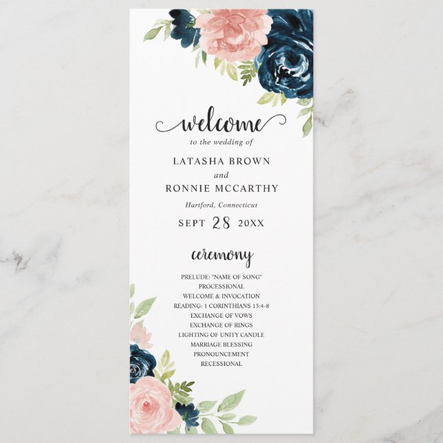 Programme Mariage Floral Élégant en Bleu Nuit et Rose Blush (Devant)
