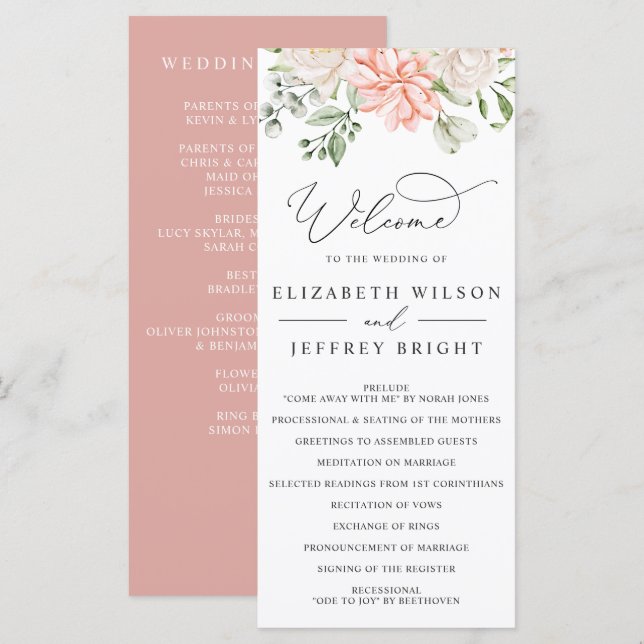 Programme Mariage floral élégant moderne botanique rose blus (Devant / Derrière)