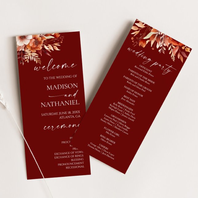 Programme Mariage Floral Fleur Brun Bordeaux Rouille (Créateur téléchargé)