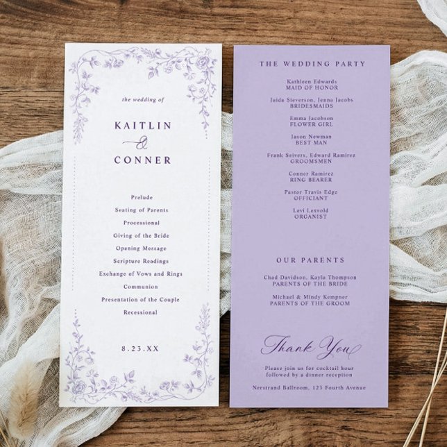Programme Mariage Floral Français Violet Lavande Victorien (Lavender wedding program with vintage French chinoiserie floral elements)