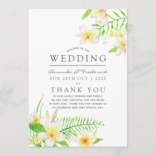 Programme Mariage floral frangipanier aquarelle exotique (Devant)