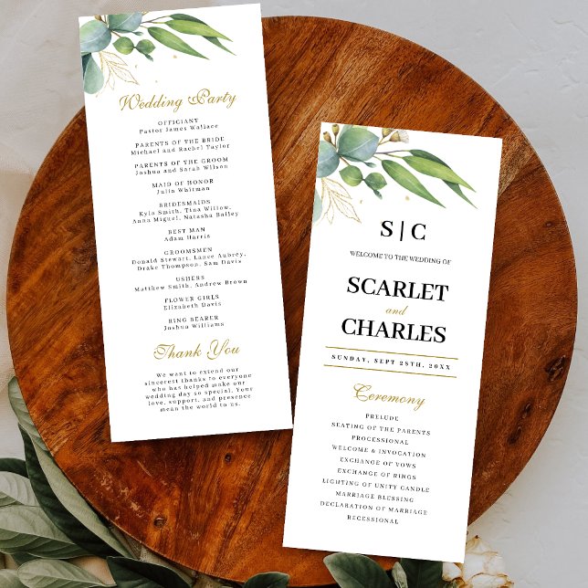 Programme Mariage Floral Géométrique à la Verdure d'Eucalypt (Eucalyptus greenery geometric wedding program guides guests with modern botanical elegance.)