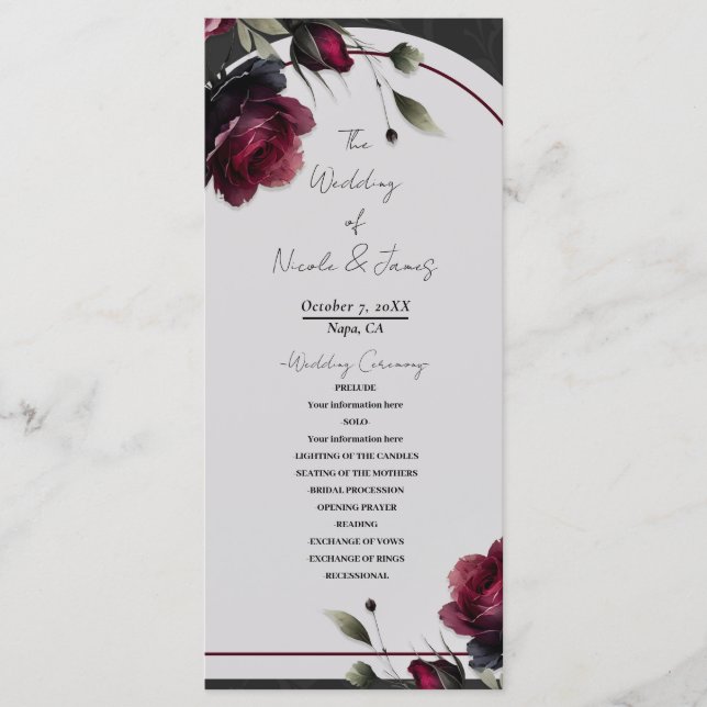 Programme Mariage floral gris ombré aux roses rouges de Bord (Devant)