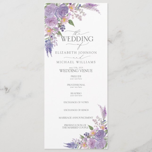 Programme Mariage floral Lilac moderne Lavender Mauve Script (Devant)