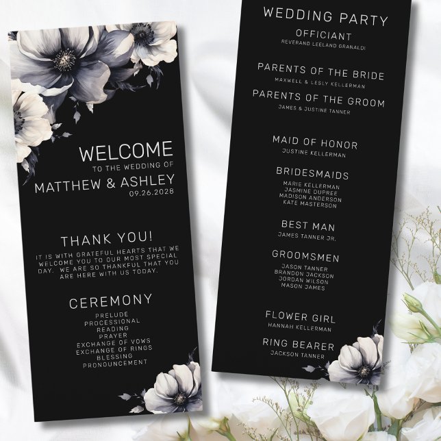 Programme Mariage Floral Moderne Élégant Noir (Elegant Modern Floral White Black Wedding Program)