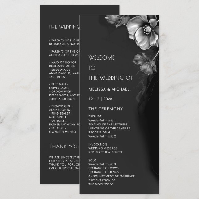 Programme Mariage Floral Noir Argent (Devant / Derrière)