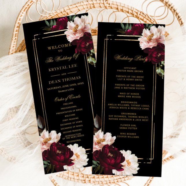 Programme Mariage floral noir noir foncé Moody Bourgogne (dark moody decadent burgundy blush pink peonies floral black gold wedding party program slim cards)