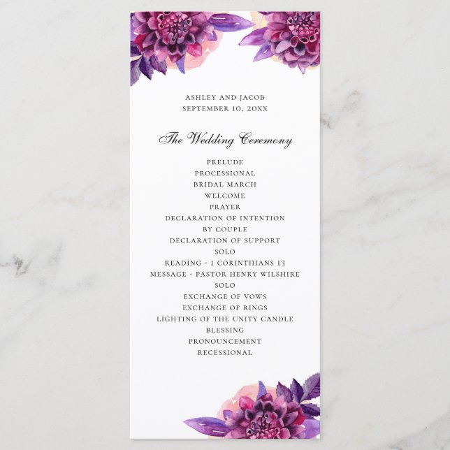 Programme Mariage floral pourpre aquarelle. Fleurs de lilas (Devant)