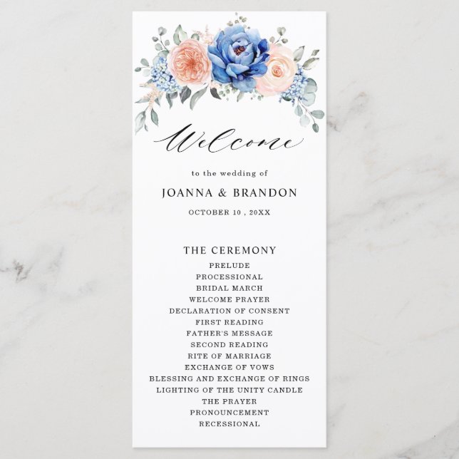 Programme Mariage floral rose bleu marine (Devant)