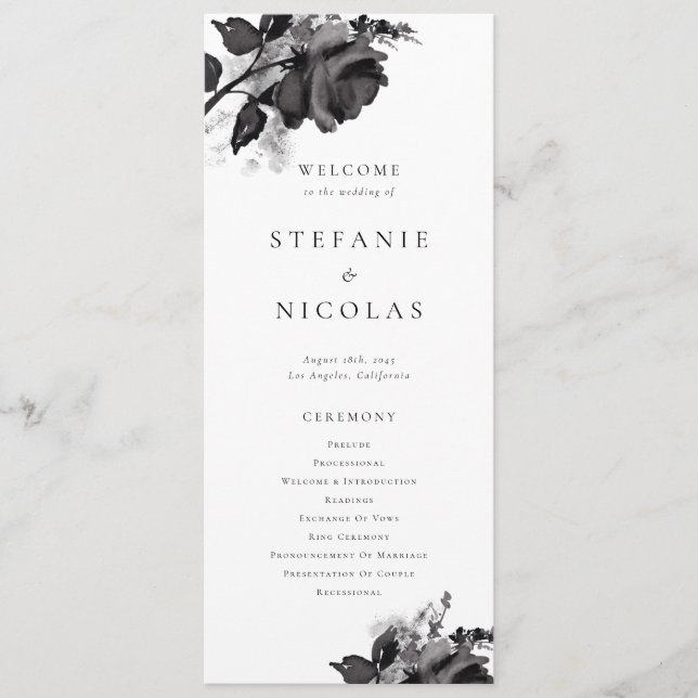 Programme Mariage Floral Rose de couleur noire moderne (Devant)