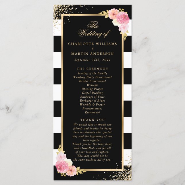 Programme Mariage floral rose noir Confetti en or noir (Devant)