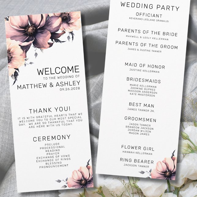 Programme Mariage Floral Rose Pâle Bohème Rustique Élégant (Simple Elegant Rustic Boho Floral Pink Wedding Program)