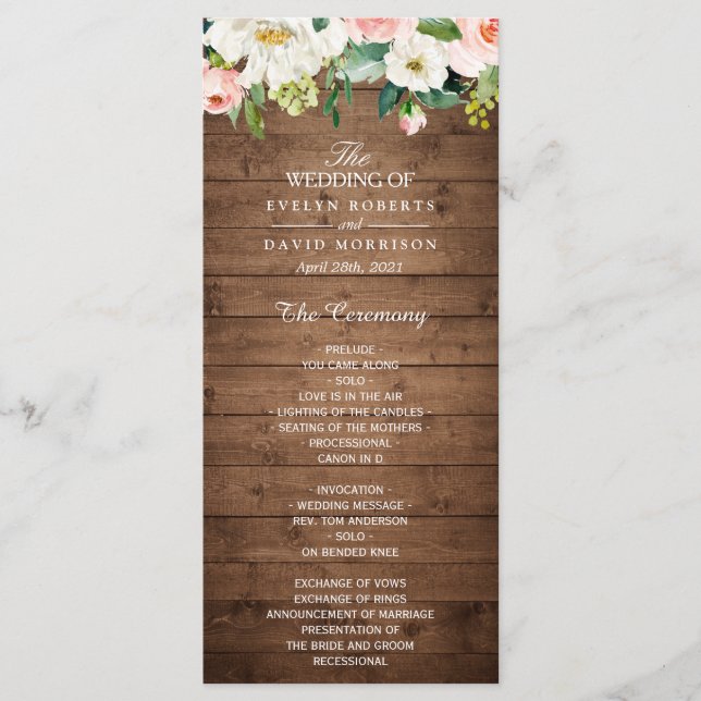Programme Mariage floral rose rose rustique en bois (Devant)