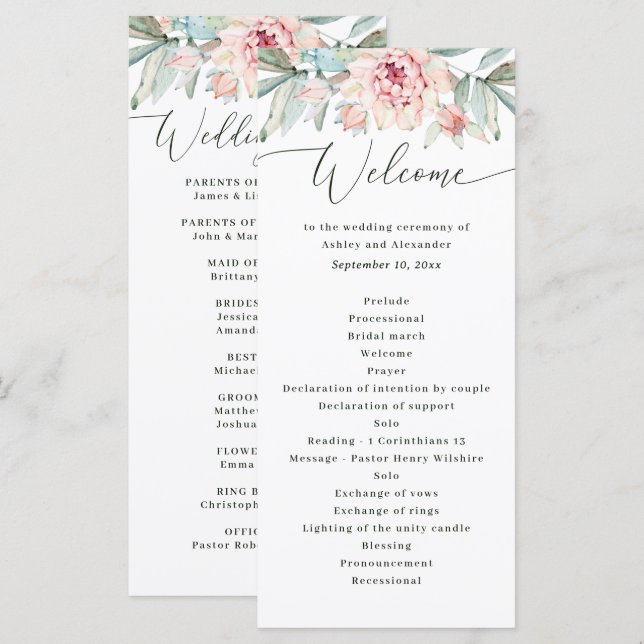 Programme Mariage Floral Rougeur. Botanique Élégante Aquarel (Devant / Derrière)