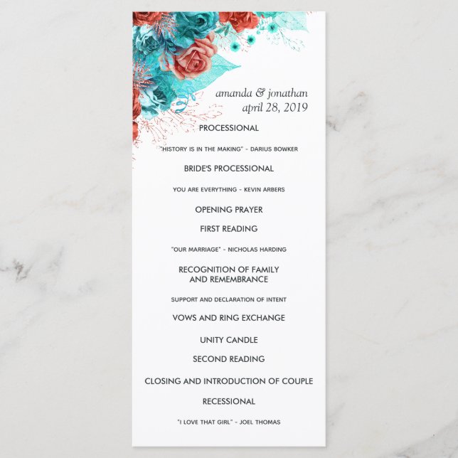 Programme Mariage Floral Rustique Turquoise et Corail (Devant)