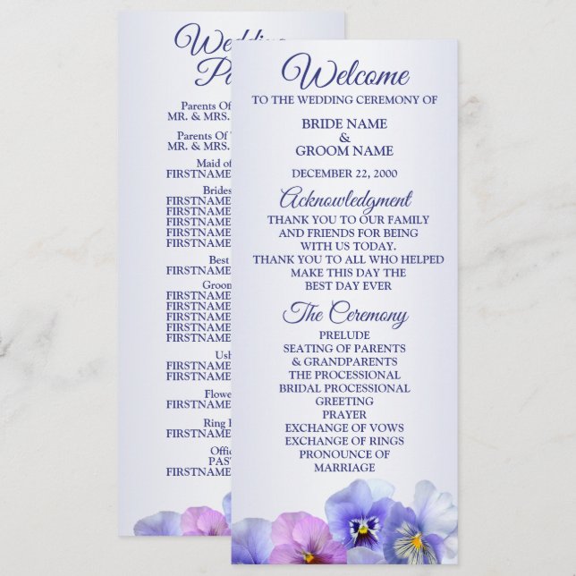 Programme Mariage Floral Rustique Violet Rose Lilas Pensée (Devant / Derrière)