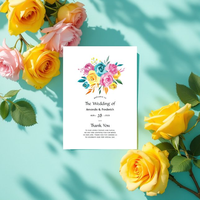 Programme Mariage floral turquoise, jaune et rose (Turquoise, Yellow, and Pink Floral Wedding Program)