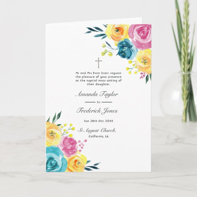 Programme Mariage floral turquoise, jaune et rose (Devant)