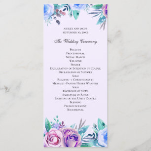 Programme Mariage floral violet et bleu. Fleurs aquarelles