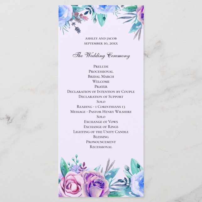 Programme Mariage floral violet et bleu. Fleurs aquarelles (Devant)