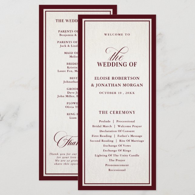 Programme Mariage Formel Luxueux Bourgogne Argent Ancien (Devant / Derrière)