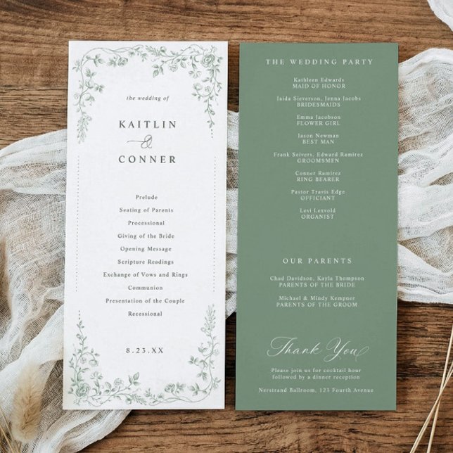 Programme Mariage français floral victorien vert sauge vinta (Sage green wedding program with vintage French chinoiserie floral frame)