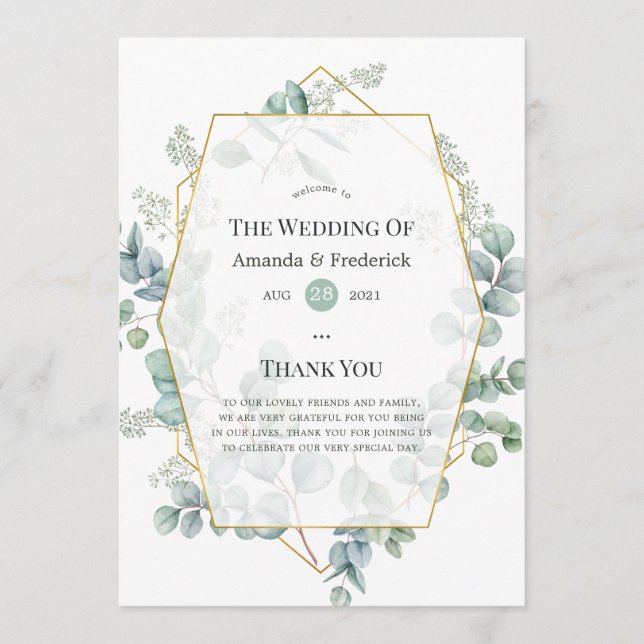 Programme Mariage géométrique à l'aquarelle Eucalyptus (Devant)