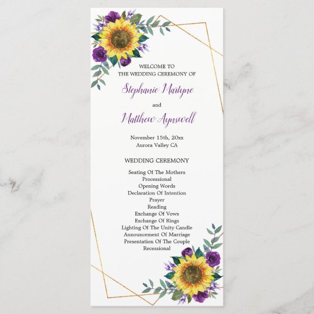 Programme Mariage géométrique de fleurs violettes de tournes (Devant)