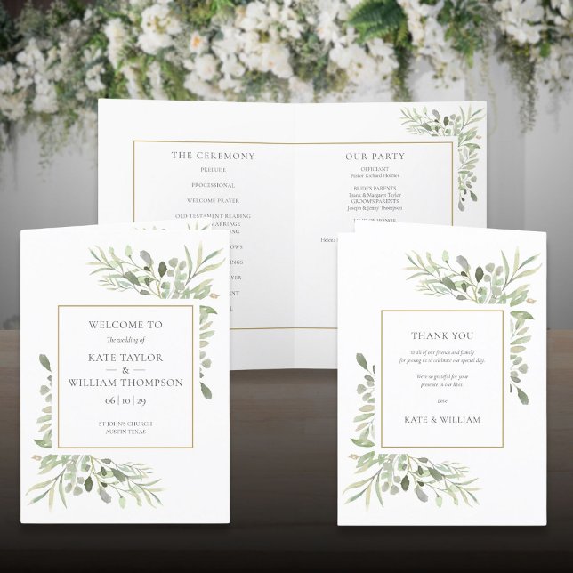 Programme Mariage géométrique doré à feuillage verdoyant (Greenery Foliage Gold Geometric Wedding Program)