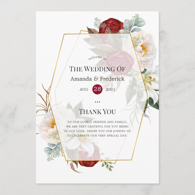 Programme Mariage géométrique floral rouge et blanc de Bourg (Devant)