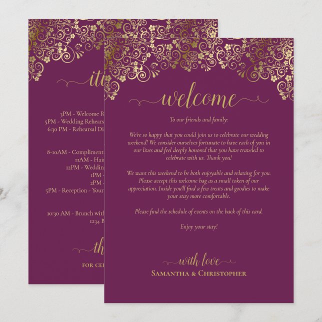 Programme Mariage Magenta Plum & Or Welcome & Itinéraire (Devant / Derrière)